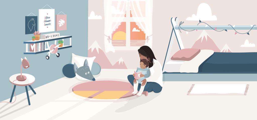 Illustration Bleu Blanc Louve chambre maman enfant